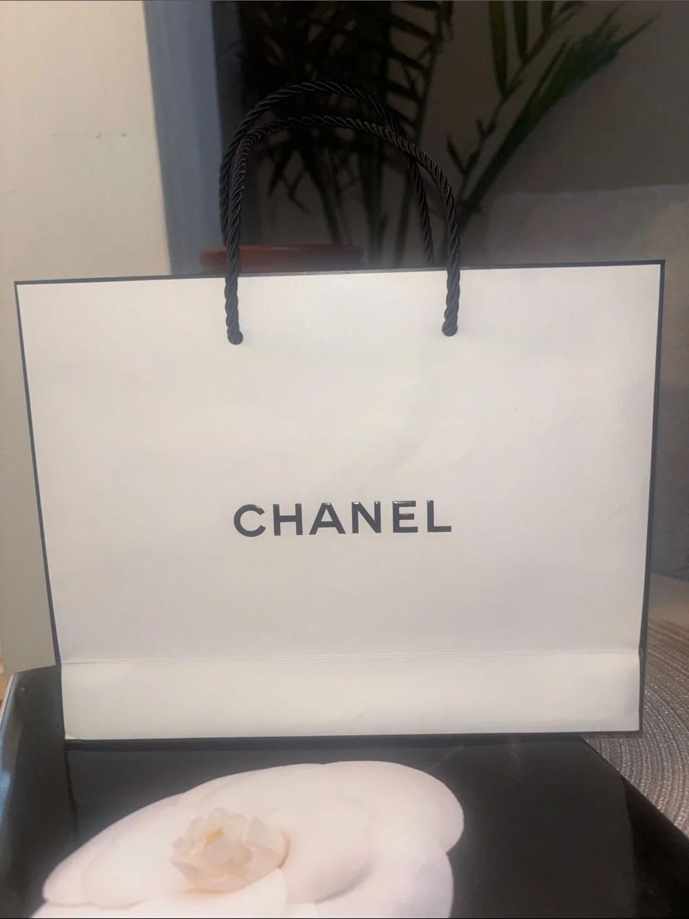 CHANEL White and Black Logo Forever Classic Shopping Bag with Rope Handles